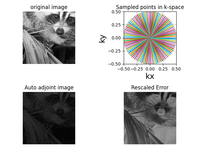 original image, Sampled points in k-space, Auto adjoint image, Rescaled Error